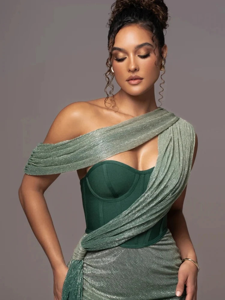 Sexy One-Shoulder Drapiertes Glitzer-Kleid Lang Damen Braun Korsett Glitzernd Rückenfrei Eng Anliegend Maxi-Kleider Abendgesellschaft Ballkleider