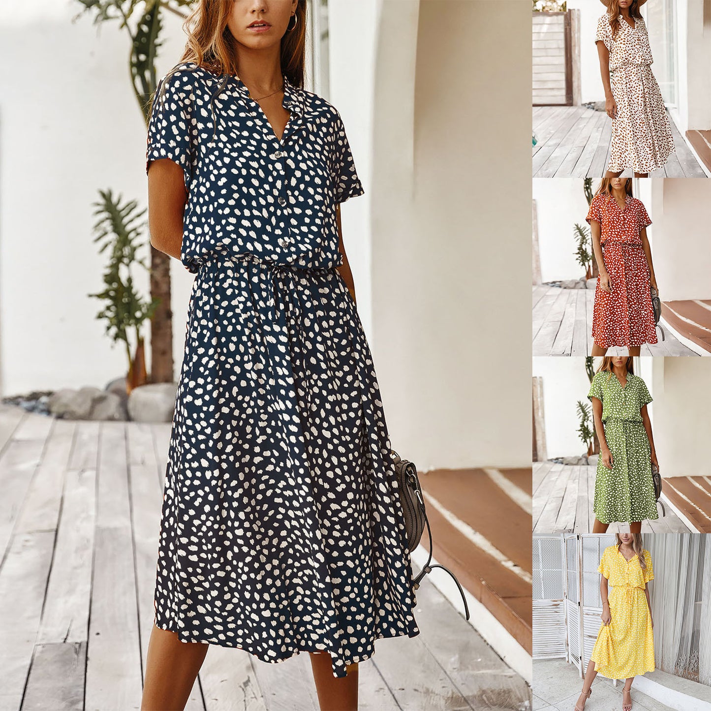 Sommerkleider Damen Sommer Tupfen Druck Kleider mit Knöpfen Kurzarm Tunnelzug Hohe Taille Kleid Vestidos 2023