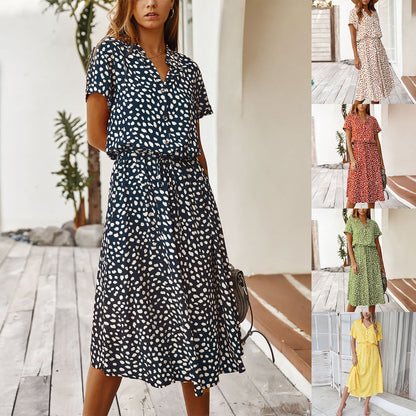 Sommerkleider Damen Sommer Tupfen Druck Kleider mit Knöpfen Kurzarm Tunnelzug Hohe Taille Kleid Vestidos 2023