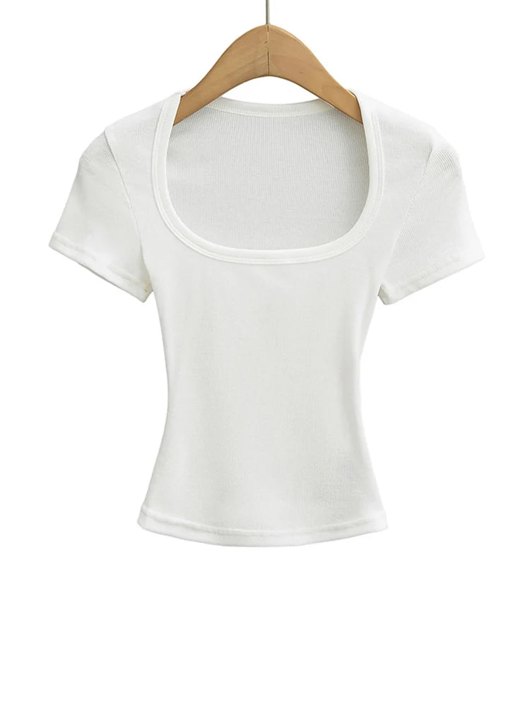 Damen Slim Fit Crop Top mit eckigem Ausschnitt, hochelastisch, Kurzarm-Pullover, sexy Sommer-Bluse, T-Shirt zum Unterziehen