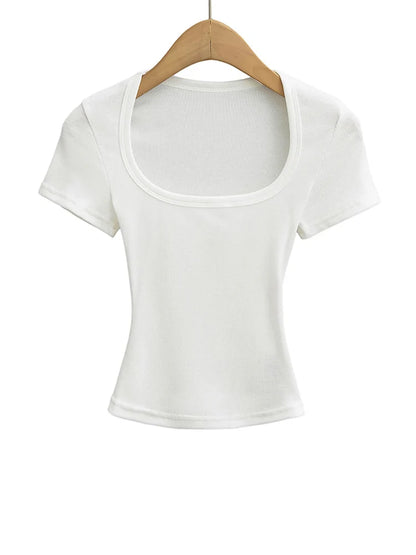 Damen Slim Fit Crop Top mit eckigem Ausschnitt, hochelastisch, Kurzarm-Pullover, sexy Sommer-Bluse, T-Shirt zum Unterziehen
