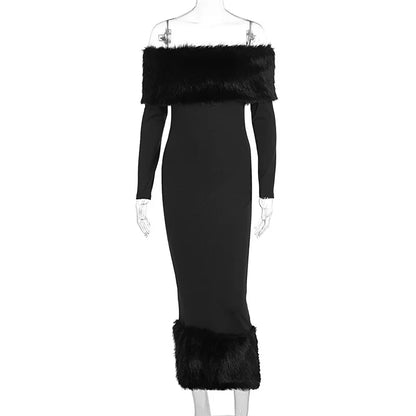 Sexy schulterfreies Kunstpelz-Patchwork-Kleid, Damen, trägerlos, lange Ärmel, tailliert, Bodycon-Kleider, Dame, Party, Abendkleid