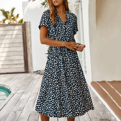Sommerkleider Damen Sommer Tupfen Druck Kleider mit Knöpfen Kurzarm Tunnelzug Hohe Taille Kleid Vestidos 2023