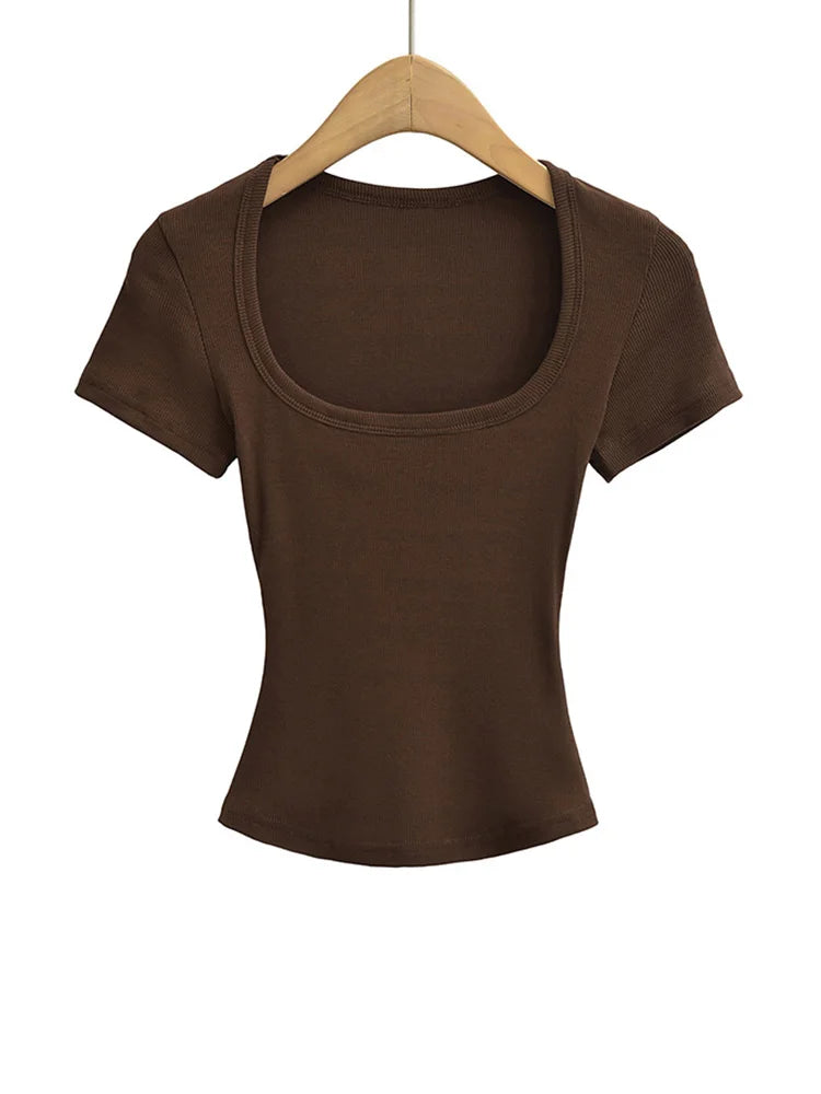 Damen Slim Fit Crop Top mit eckigem Ausschnitt, hochelastisch, Kurzarm-Pullover, sexy Sommer-Bluse, T-Shirt zum Unterziehen