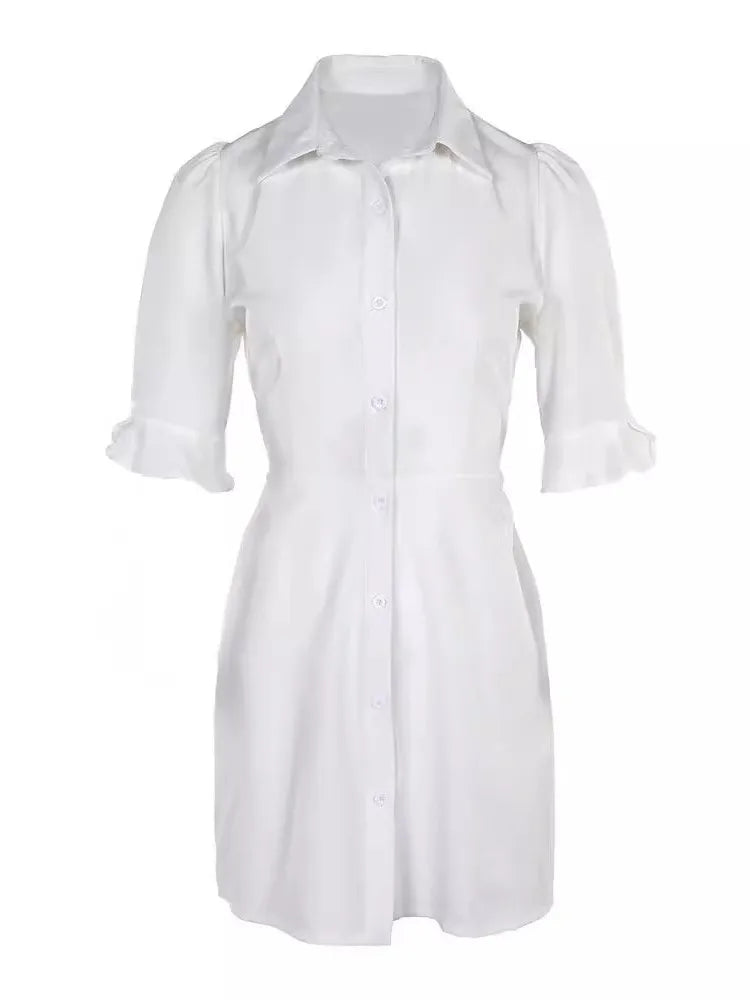Sommer-Fashion Weißes Hemd-Minikleid mit Umlegekragen Elegante Damen Freizeit Laternenärmel Knopfleiste Tasche Hohe Taille Slim Kleider