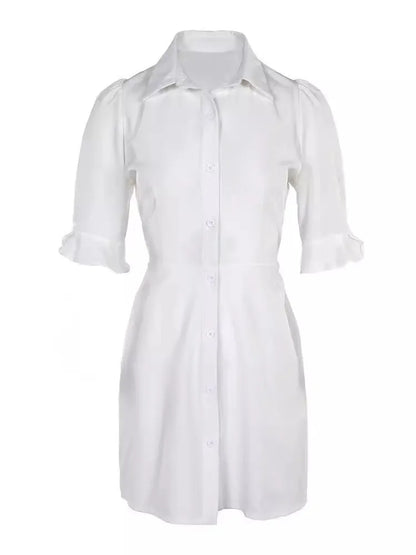 Sommer-Fashion Weißes Hemd-Minikleid mit Umlegekragen Elegante Damen Freizeit Laternenärmel Knopfleiste Tasche Hohe Taille Slim Kleider