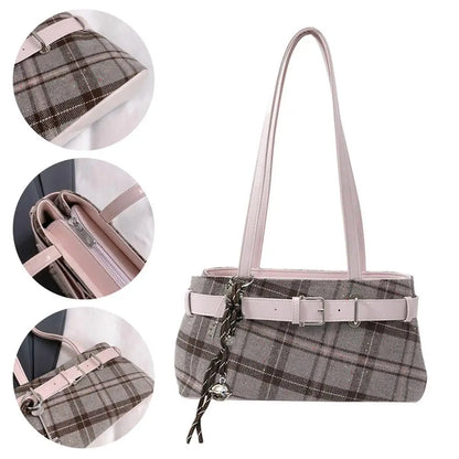 Fashion Karierte Umhängetasche mit Anhänger für Damen Retro Kleine Tragetasche Vielseitige und lässige Handtasche für Pendler