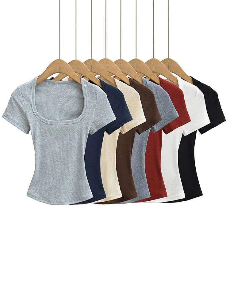 Damen Slim Fit Crop Top mit eckigem Ausschnitt, hochelastisch, Kurzarm-Pullover, sexy Sommer-Bluse, T-Shirt zum Unterziehen
