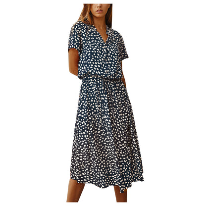 Sommerkleider Damen Sommer Tupfen Druck Kleider mit Knöpfen Kurzarm Tunnelzug Hohe Taille Kleid Vestidos 2023