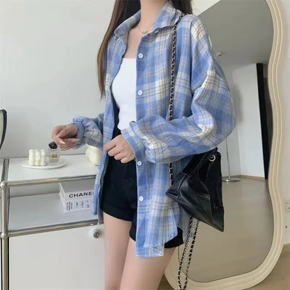 Kariertes Hemd Damen Mode Herbst Langarm Top Weiblich Vintage Einreiher Bluse Damen Preppy Style Lose Karohemden