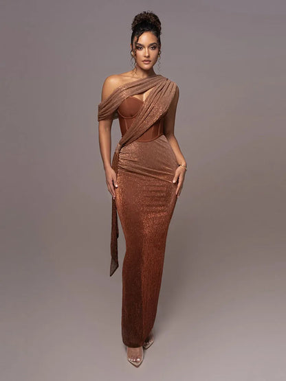Sexy One-Shoulder Drapiertes Glitzer-Kleid Lang Damen Braun Korsett Glitzernd Rückenfrei Eng Anliegend Maxi-Kleider Abendgesellschaft Ballkleider
