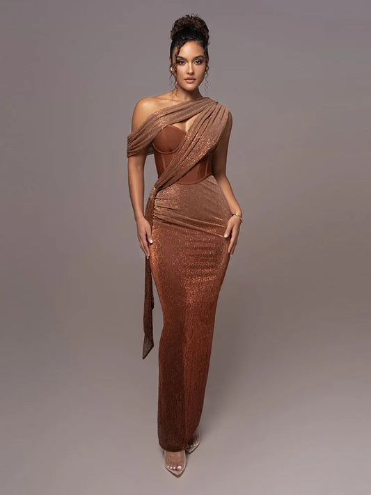 Sexy One-Shoulder Drapiertes Glitzer-Kleid Lang Damen Braun Korsett Glitzernd Rückenfrei Eng Anliegend Maxi-Kleider Abendgesellschaft Ballkleider