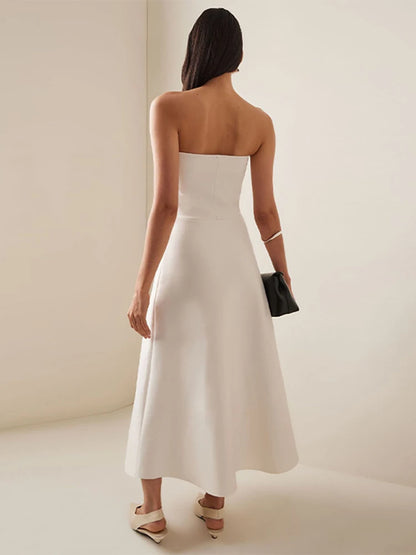 Weißes plissiertes trägerloses Kleid Einfarbig schulterfrei Tailliert Figurbetont Damen Strandurlaub Strand Elegante lange Kleider