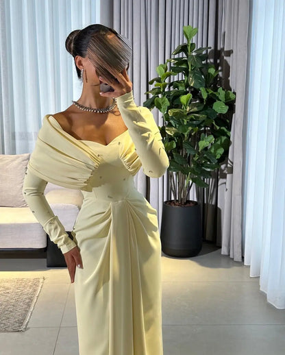 Customized Mermaid Off The Shoulder Prom Dresses Long Sleeves Pleated Beadings Floor Length Evening Dresses Party Dresses