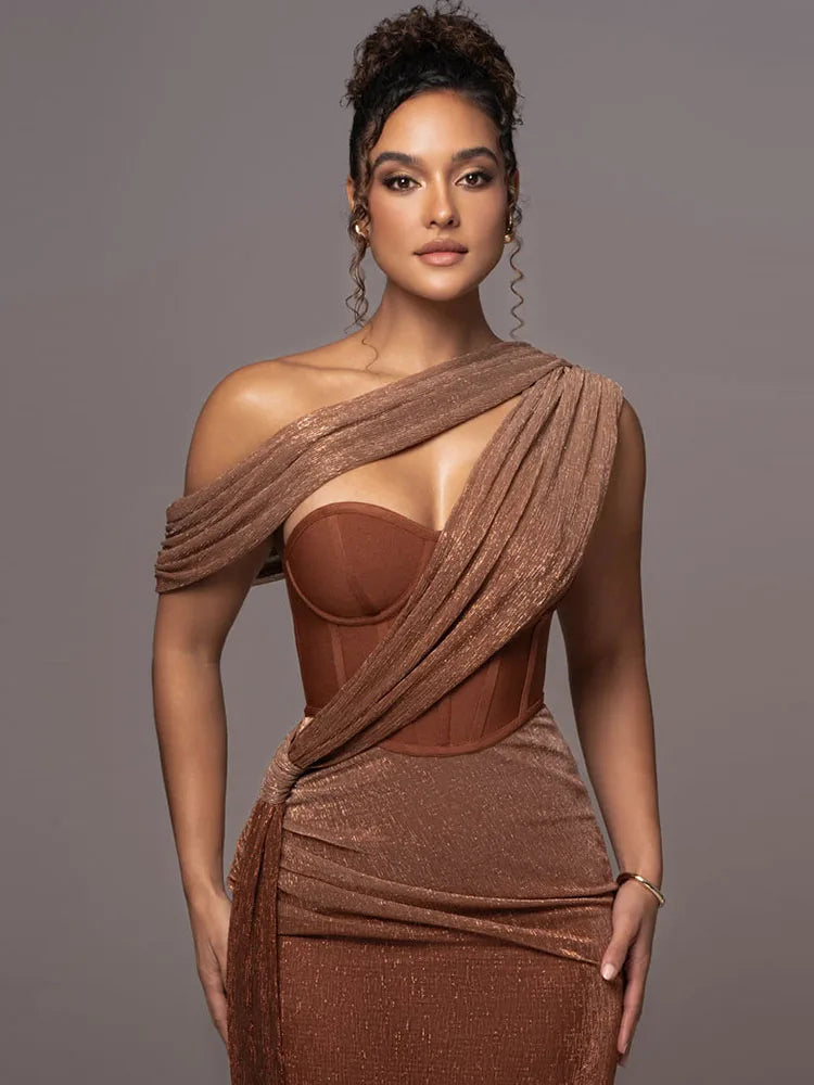 Sexy One-Shoulder Drapiertes Glitzer-Kleid Lang Damen Braun Korsett Glitzernd Rückenfrei Eng Anliegend Maxi-Kleider Abendgesellschaft Ballkleider