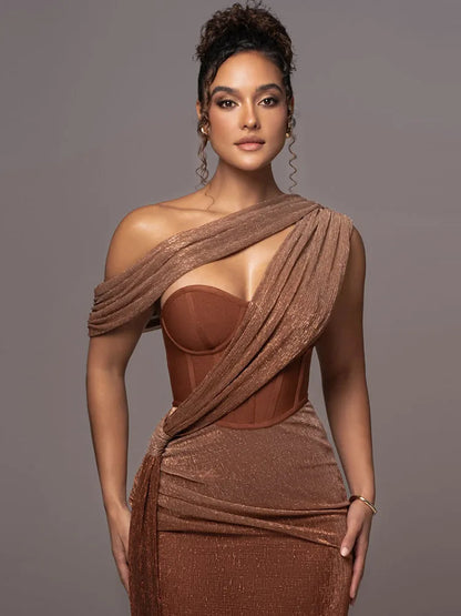Sexy One-Shoulder Drapiertes Glitzer-Kleid Lang Damen Braun Korsett Glitzernd Rückenfrei Eng Anliegend Maxi-Kleider Abendgesellschaft Ballkleider
