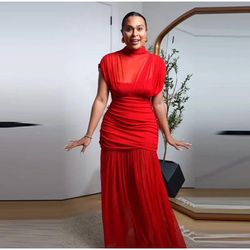 Rotes Mesh Durchsichtiges langes Kleid Damen Ärmellos Plissee Patchwork A-Linie Party Abendkleider 2025 Sommer Damen Schlanke Roben Neu