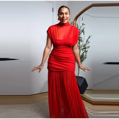 Rotes Mesh Durchsichtiges langes Kleid Damen Ärmellos Plissee Patchwork A-Linie Party Abendkleider 2025 Sommer Damen Schlanke Roben Neu
