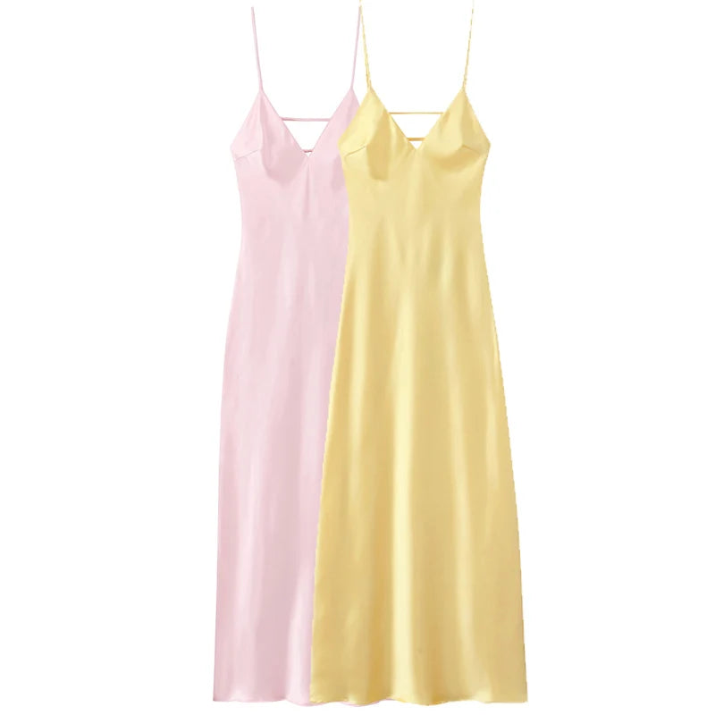 HXAO Gelbe Kleider Damen Satin V-Ausschnitt Midikleid Sommer Rückenfrei Träger Slipkleider Elegantes Abendpartykleid 2025 Vestidos