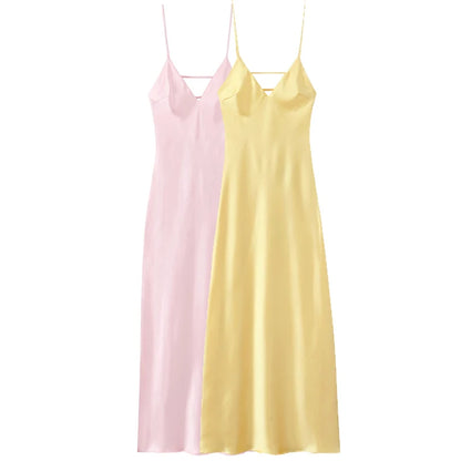 HXAO Gelbe Kleider Damen Satin V-Ausschnitt Midikleid Sommer Rückenfrei Träger Slipkleider Elegantes Abendpartykleid 2025 Vestidos