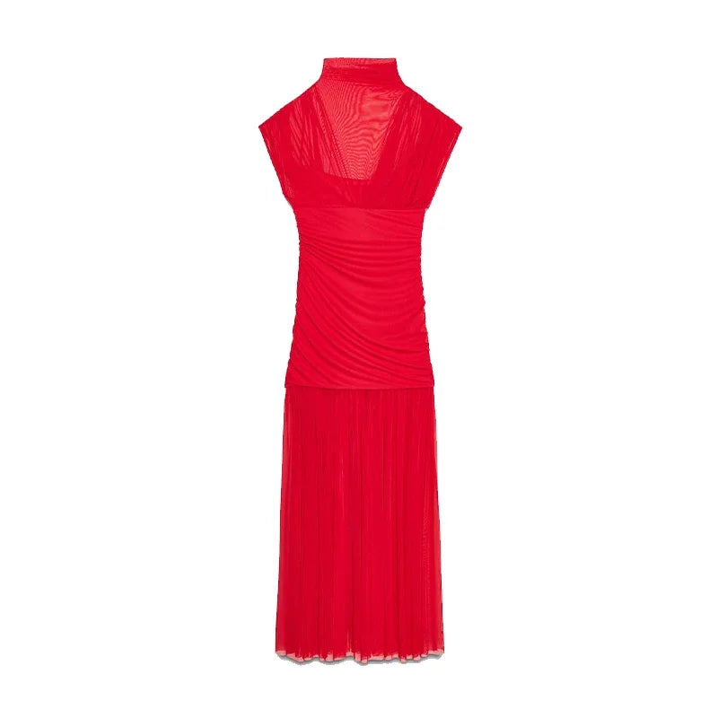 Rotes Mesh Durchsichtiges langes Kleid Damen Ärmellos Plissee Patchwork A-Linie Party Abendkleider 2025 Sommer Damen Schlanke Roben Neu