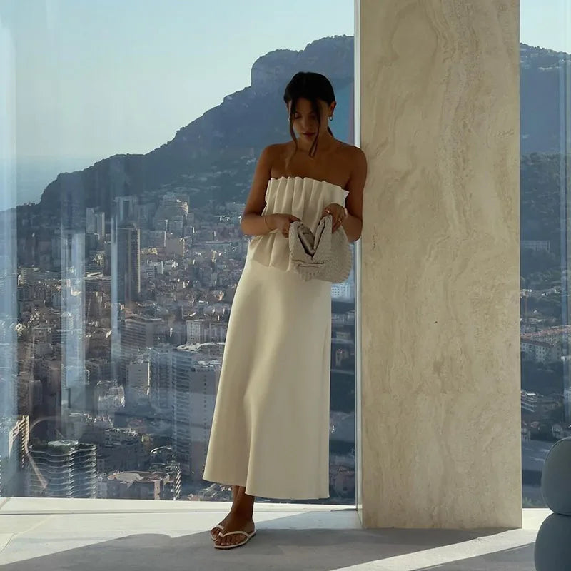 Weißes plissiertes trägerloses Kleid Einfarbig schulterfrei Tailliert Figurbetont Damen Strandurlaub Strand Elegante lange Kleider