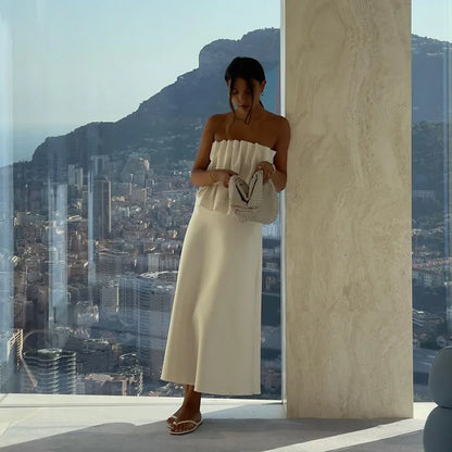 Weißes plissiertes trägerloses Kleid Einfarbig schulterfrei Tailliert Figurbetont Damen Strandurlaub Strand Elegante lange Kleider