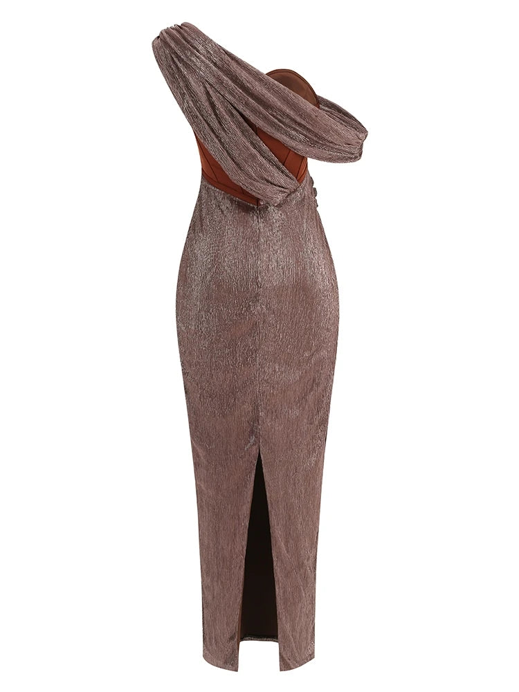 Sexy One-Shoulder Drapiertes Glitzer-Kleid Lang Damen Braun Korsett Glitzernd Rückenfrei Eng Anliegend Maxi-Kleider Abendgesellschaft Ballkleider