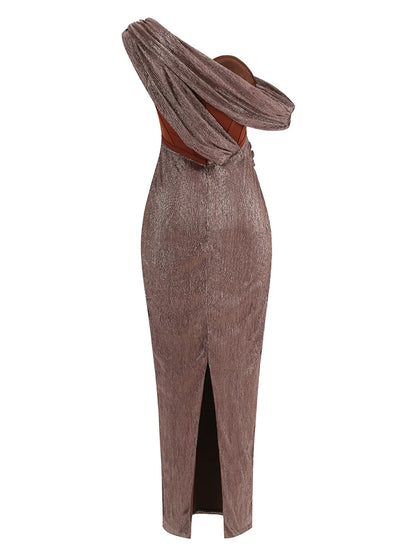 Sexy One-Shoulder Drapiertes Glitzer-Kleid Lang Damen Braun Korsett Glitzernd Rückenfrei Eng Anliegend Maxi-Kleider Abendgesellschaft Ballkleider