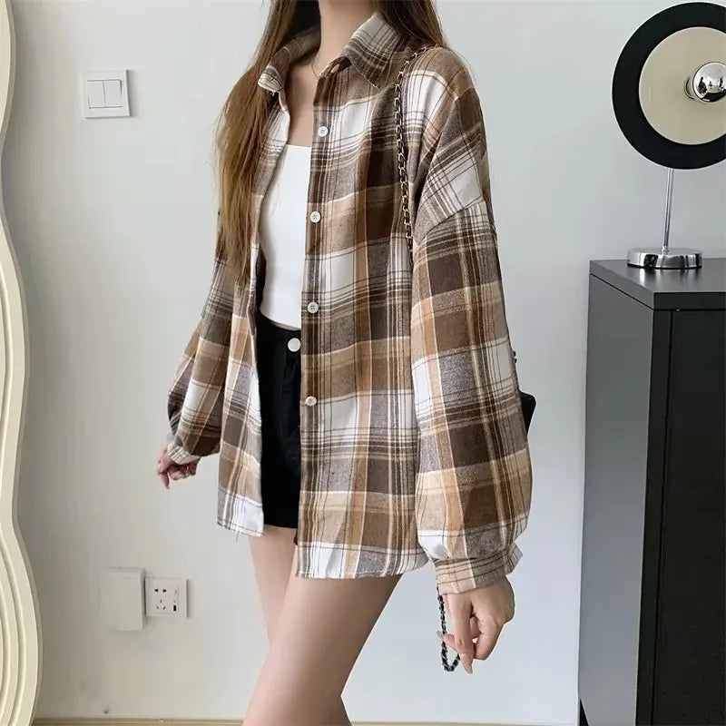 Kariertes Hemd Damen Mode Herbst Langarm Top Weiblich Vintage Einreiher Bluse Damen Preppy Style Lose Karohemden