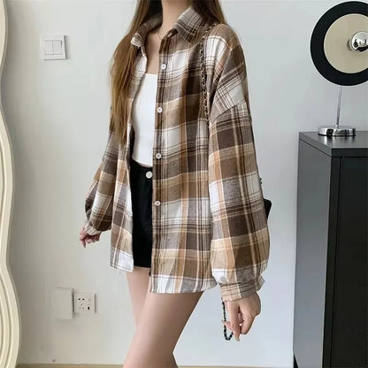 Kariertes Hemd Damen Mode Herbst Langarm Top Weiblich Vintage Einreiher Bluse Damen Preppy Style Lose Karohemden