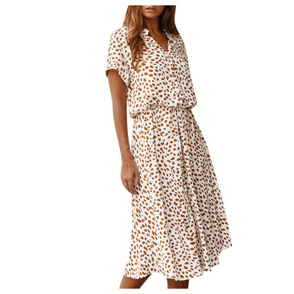 Sommerkleider Damen Sommer Tupfen Druck Kleider mit Knöpfen Kurzarm Tunnelzug Hohe Taille Kleid Vestidos 2023