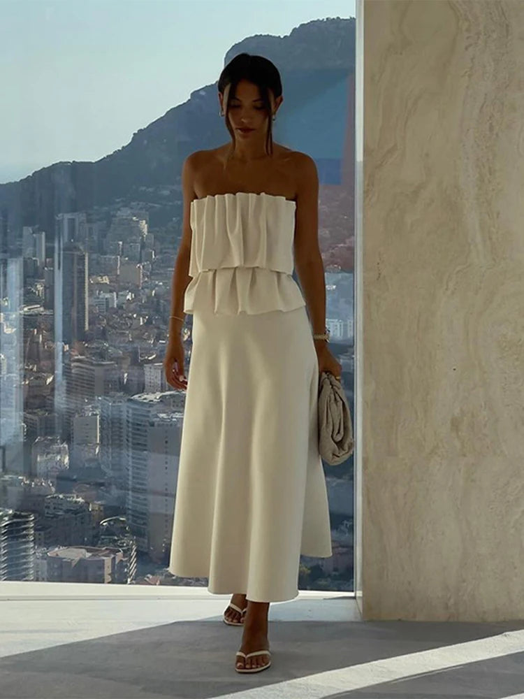 Weißes plissiertes trägerloses Kleid Einfarbig schulterfrei Tailliert Figurbetont Damen Strandurlaub Strand Elegante lange Kleider