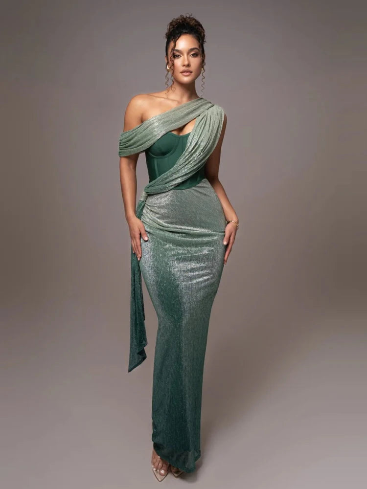 Sexy One-Shoulder Drapiertes Glitzer-Kleid Lang Damen Braun Korsett Glitzernd Rückenfrei Eng Anliegend Maxi-Kleider Abendgesellschaft Ballkleider