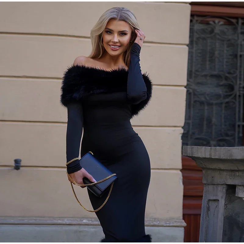 Sexy schulterfreies Kunstpelz-Patchwork-Kleid, Damen, trägerlos, lange Ärmel, tailliert, Bodycon-Kleider, Dame, Party, Abendkleid