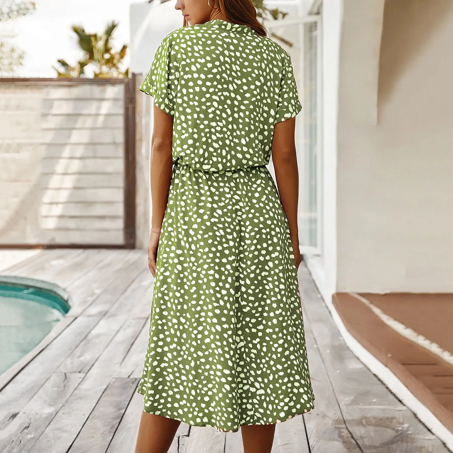 Sommerkleider Damen Sommer Tupfen Druck Kleider mit Knöpfen Kurzarm Tunnelzug Hohe Taille Kleid Vestidos 2023