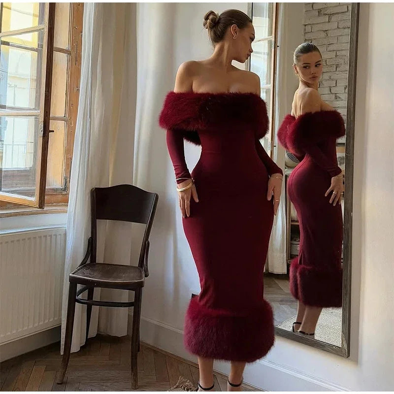 Sexy schulterfreies Kunstpelz-Patchwork-Kleid, Damen, trägerlos, lange Ärmel, tailliert, Bodycon-Kleider, Dame, Party, Abendkleid