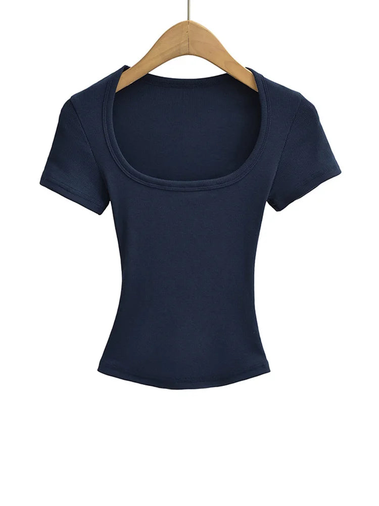 Damen Slim Fit Crop Top mit eckigem Ausschnitt, hochelastisch, Kurzarm-Pullover, sexy Sommer-Bluse, T-Shirt zum Unterziehen