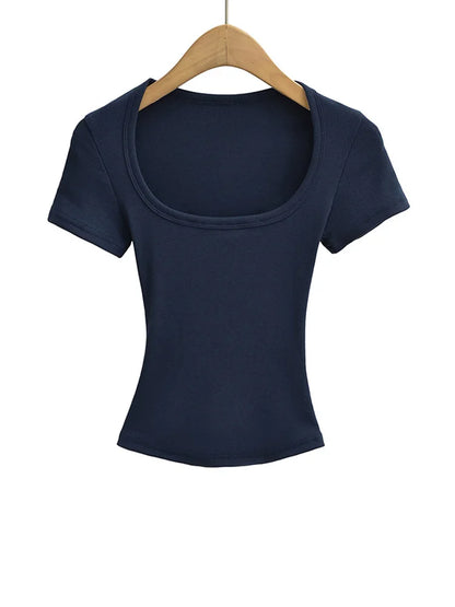 Damen Slim Fit Crop Top mit eckigem Ausschnitt, hochelastisch, Kurzarm-Pullover, sexy Sommer-Bluse, T-Shirt zum Unterziehen