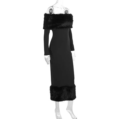 Sexy schulterfreies Kunstpelz-Patchwork-Kleid, Damen, trägerlos, lange Ärmel, tailliert, Bodycon-Kleider, Dame, Party, Abendkleid