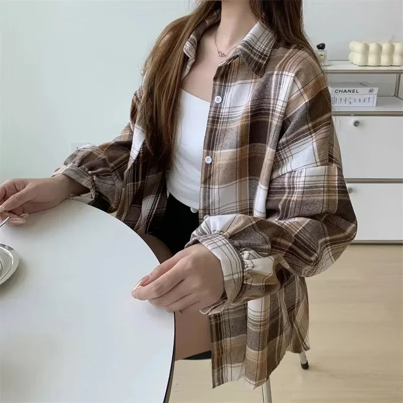 Kariertes Hemd Damen Mode Herbst Langarm Top Weiblich Vintage Einreiher Bluse Damen Preppy Style Lose Karohemden