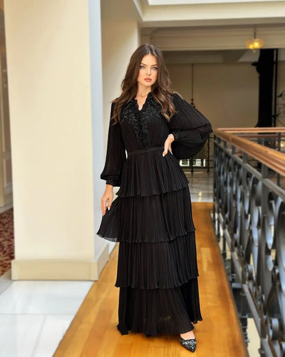 Customized Long Sleeves Prom Dresses V Neck Pleated Beadings Tiered Chiffon Floor Length Evening Dresses Party Dresses