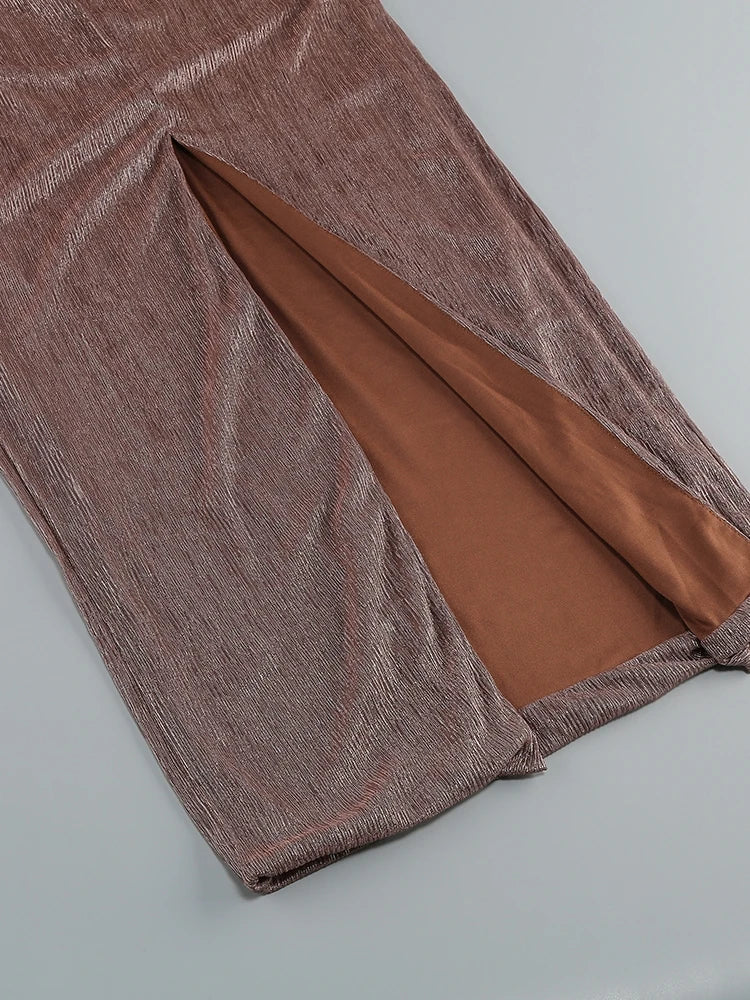 Sexy One-Shoulder Drapiertes Glitzer-Kleid Lang Damen Braun Korsett Glitzernd Rückenfrei Eng Anliegend Maxi-Kleider Abendgesellschaft Ballkleider
