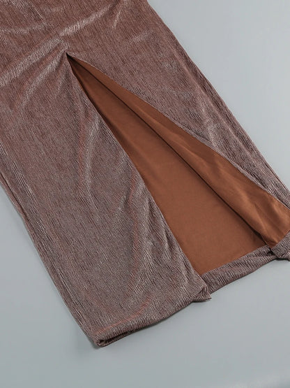 Sexy One-Shoulder Drapiertes Glitzer-Kleid Lang Damen Braun Korsett Glitzernd Rückenfrei Eng Anliegend Maxi-Kleider Abendgesellschaft Ballkleider