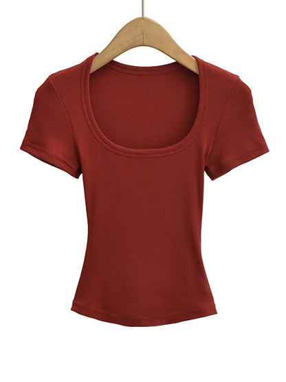 Damen Slim Fit Crop Top mit eckigem Ausschnitt, hochelastisch, Kurzarm-Pullover, sexy Sommer-Bluse, T-Shirt zum Unterziehen