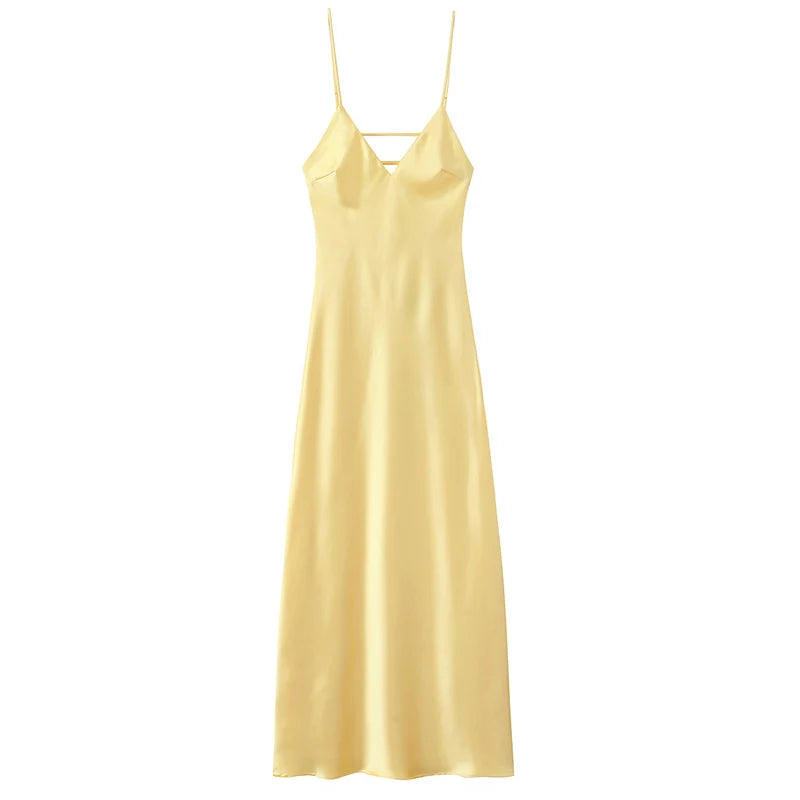 HXAO Gelbe Kleider Damen Satin V-Ausschnitt Midikleid Sommer Rückenfrei Träger Slipkleider Elegantes Abendpartykleid 2025 Vestidos