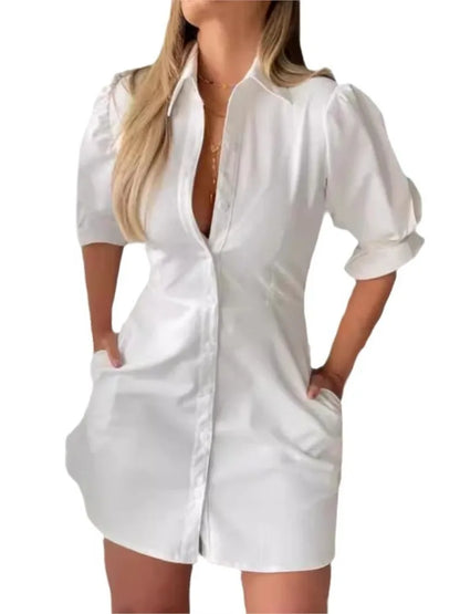 Sommer-Fashion Weißes Hemd-Minikleid mit Umlegekragen Elegante Damen Freizeit Laternenärmel Knopfleiste Tasche Hohe Taille Slim Kleider