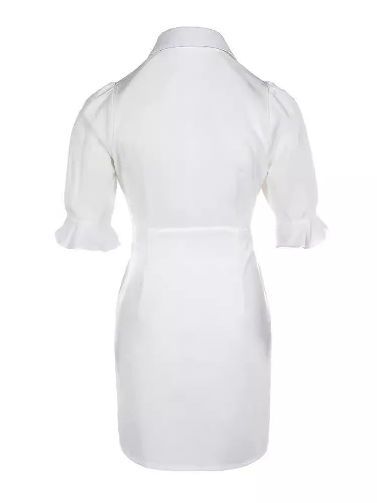 Sommer-Fashion Weißes Hemd-Minikleid mit Umlegekragen Elegante Damen Freizeit Laternenärmel Knopfleiste Tasche Hohe Taille Slim Kleider