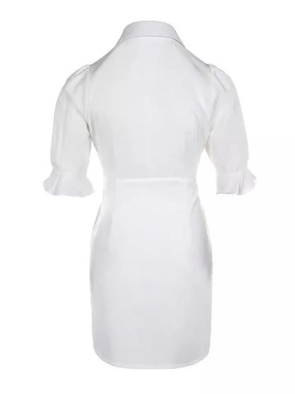 Sommer-Fashion Weißes Hemd-Minikleid mit Umlegekragen Elegante Damen Freizeit Laternenärmel Knopfleiste Tasche Hohe Taille Slim Kleider