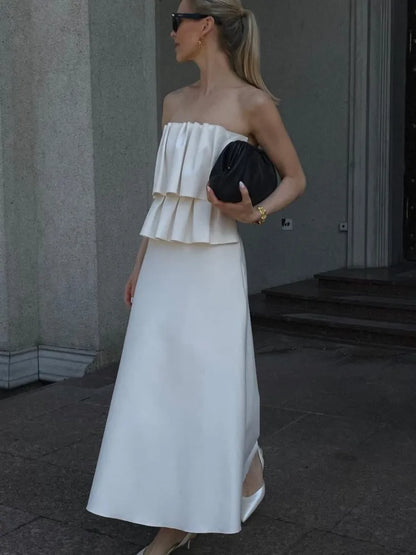 Weißes plissiertes trägerloses Kleid Einfarbig schulterfrei Tailliert Figurbetont Damen Strandurlaub Strand Elegante lange Kleider